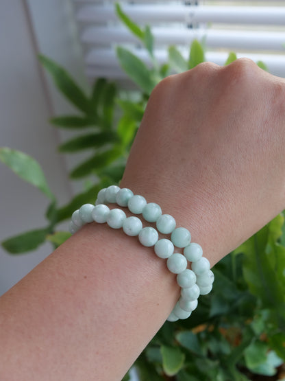 Green Angelite 8mm Beaded Natural Gemstone Elastic Bracelet, Genuine Top Grade Gift Jewelry, Men Women Fashion Crystal Energy Jewellery