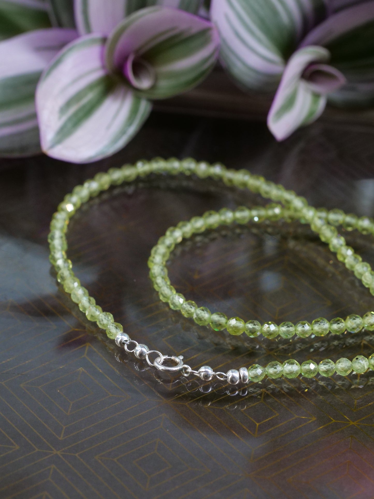 Peridot 3mm Beaded Natural Gemstone Sterling Silver Necklace, Genuine Top Grade Gift Jewelry, Women Fashion Jewellery