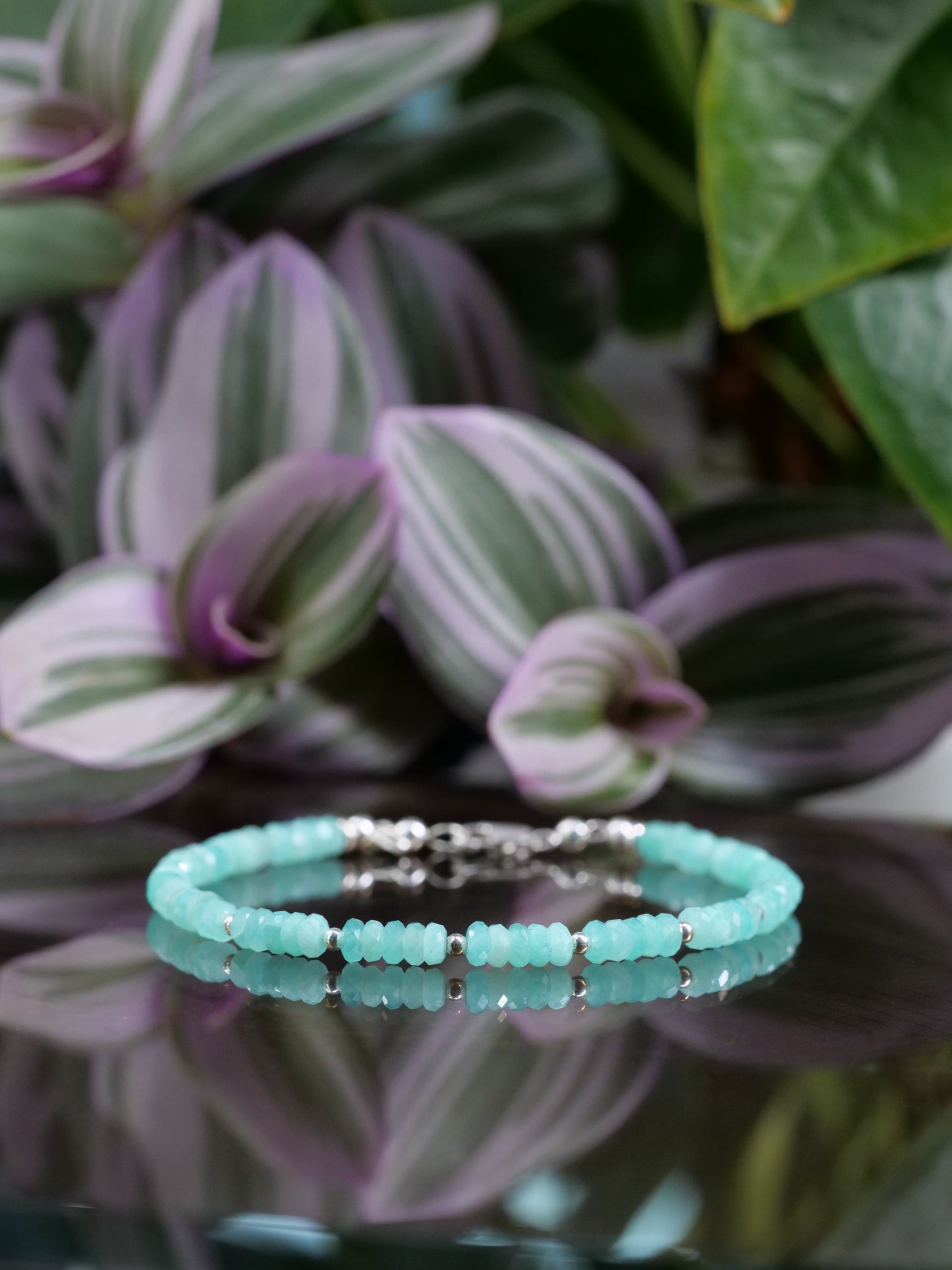 Amazonite Mozambique 3mm Beaded Natural Gemstone Sterling Silver Dainty Bracelet, Genuine Top Grade Gift Jewelry, Women Fashion Jewellery