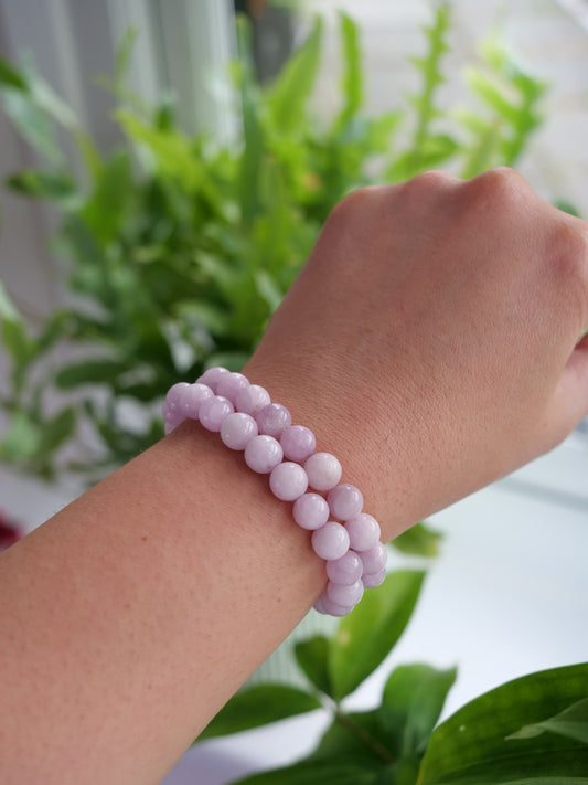 Kunzite 8mm Beaded Natural Gemstone Elastic Bracelet, Genuine Top Grade Gift Jewelry, Men Women Fashion Crystal Energy Jewellery