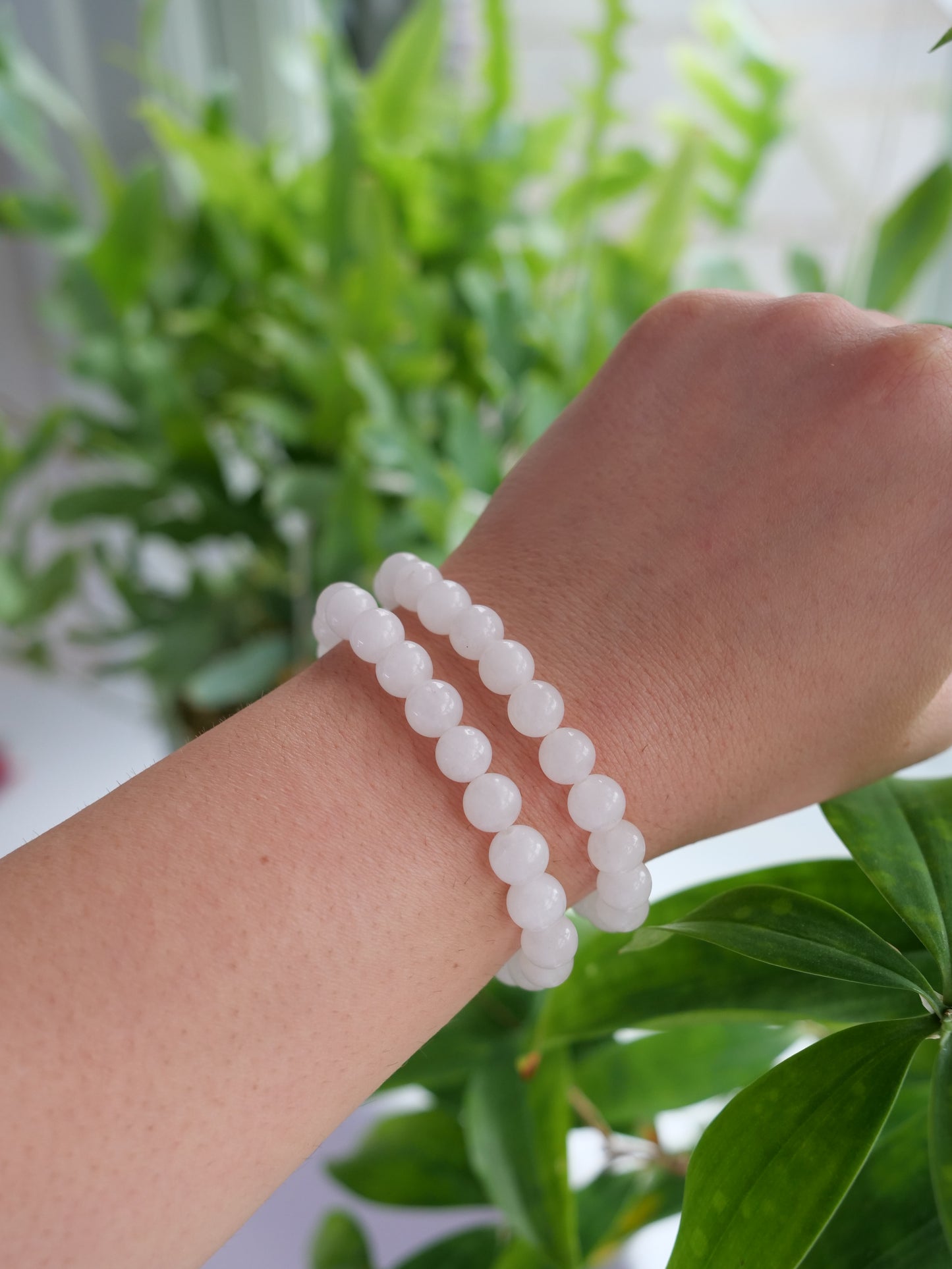 White Jade 8mm Beaded Natural Gemstone Elastic Bracelet, Genuine Top Grade Gift Jewelry, Men Women Fashion Crystal Energy Jewellery