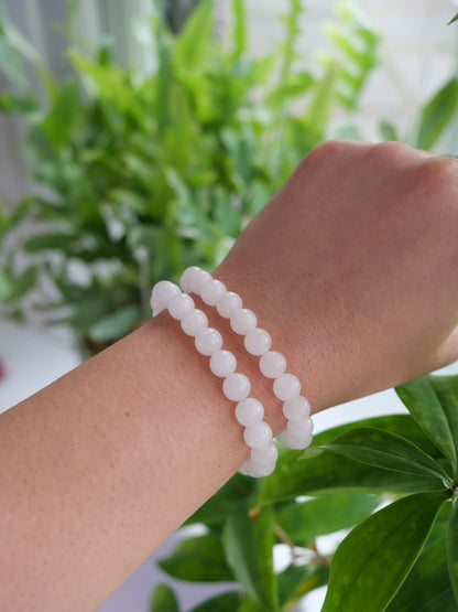 White Jade 8mm Beaded Natural Gemstone Elastic Bracelet, Genuine Top Grade Gift Jewelry, Men Women Fashion Crystal Energy Jewellery