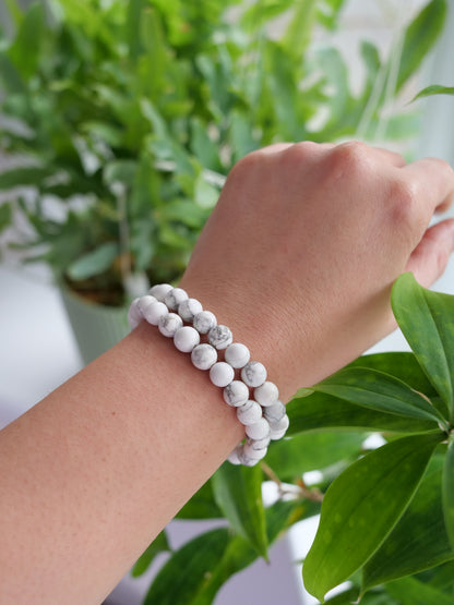 Howlite 8mm Beaded Natural Gemstone Elastic Bracelet, Genuine Top Grade Gift Jewelry, Men Women Fashion Crystal Energy Jewellery