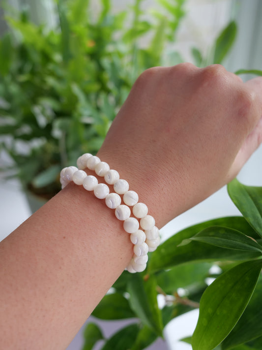 Trochidae White Shell 8mm Beaded Natural Gemstone Elastic Bracelet, Genuine Top Grade Gift Jewelry, Men Women Fashion Crystal Energy Jewellery