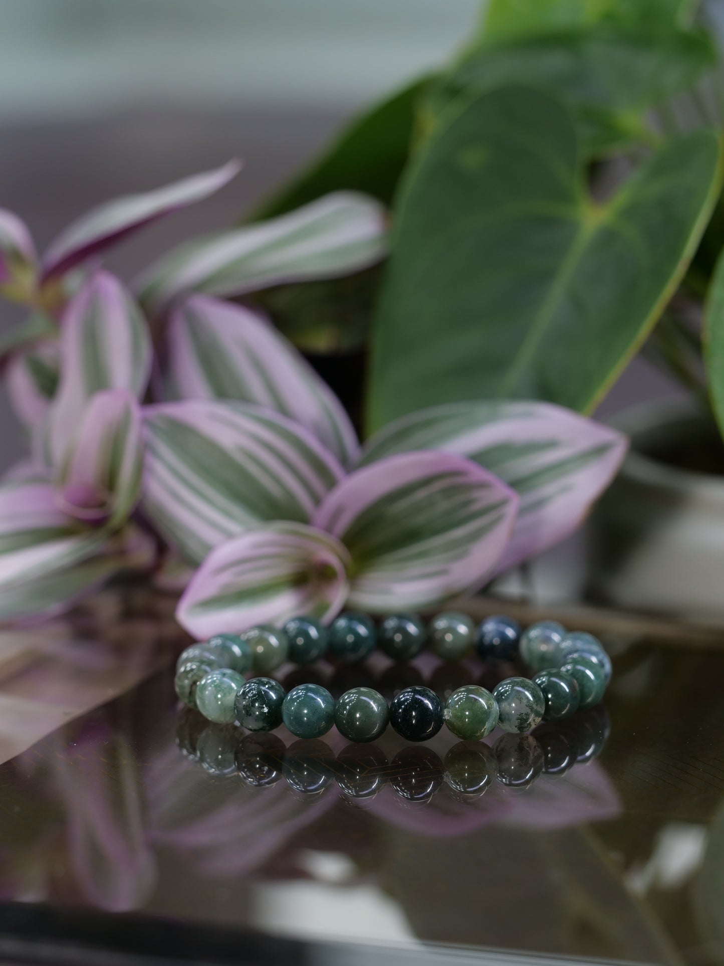 Moss Agate 8mm Beaded Natural Gemstone Elastic Bracelet, Genuine Top Grade Gift Jewelry, Men Women Fashion Crystal Energy Jewellery