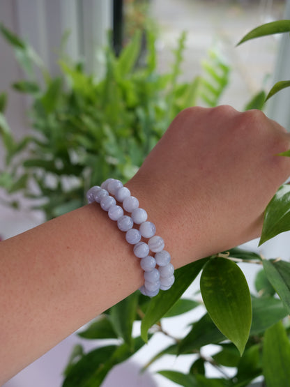 Blue Lace Agate 8mm Beaded Natural Gemstone Elastic Bracelet, Genuine Top Grade Gift Jewelry, Men Women Fashion Crystal Energy Jewellery