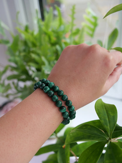 Malachite 8mm Beaded Natural Gemstone Elastic Bracelet, Genuine Top Grade Gift Jewelry, Men Women Fashion Crystal Energy Jewellery