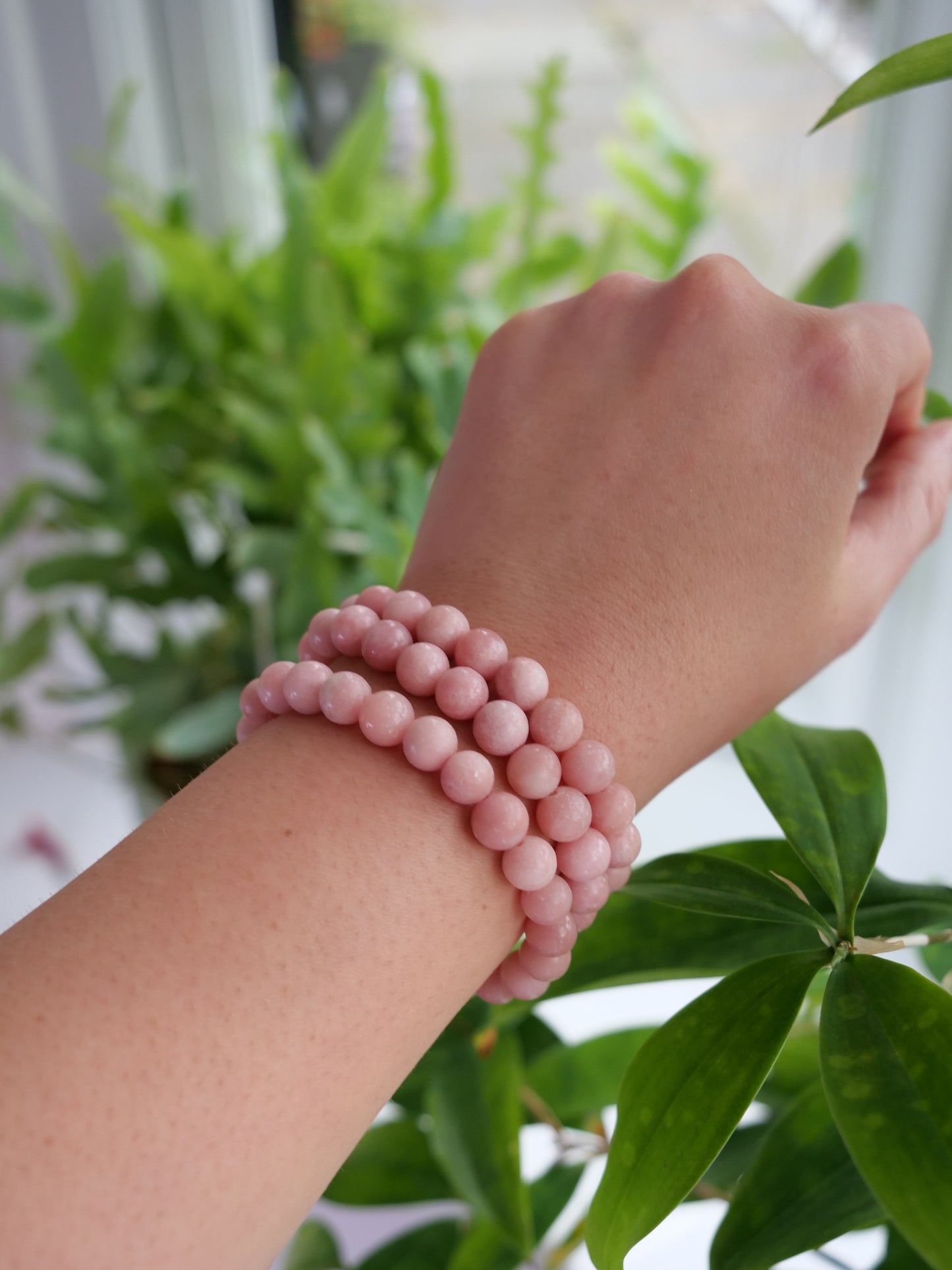 Pink Opal 8mm Beaded Natural Gemstone Elastic Bracelet, Genuine Top Grade Gift Jewelry, Men Women Fashion Crystal Energy Jewellery