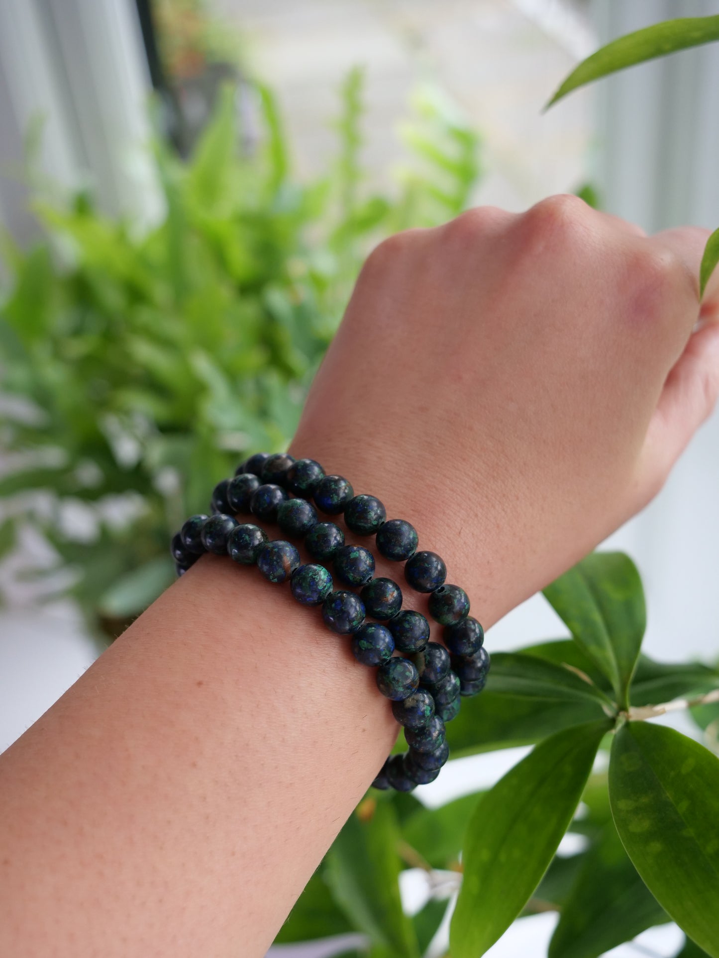 Azurite 8mm Beaded Natural Gemstone Elastic Bracelet, Genuine Top Grade Gift Jewelry, Men Women Fashion Crystal Energy Jewellery