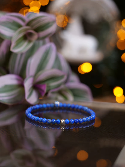 Lapis Lazuli 4mm Beaded Natural Gemstone Sterling Silver Elastic Bracelet, Genuine Top Grade Gift Jewelry, Women Fashion Jewellery