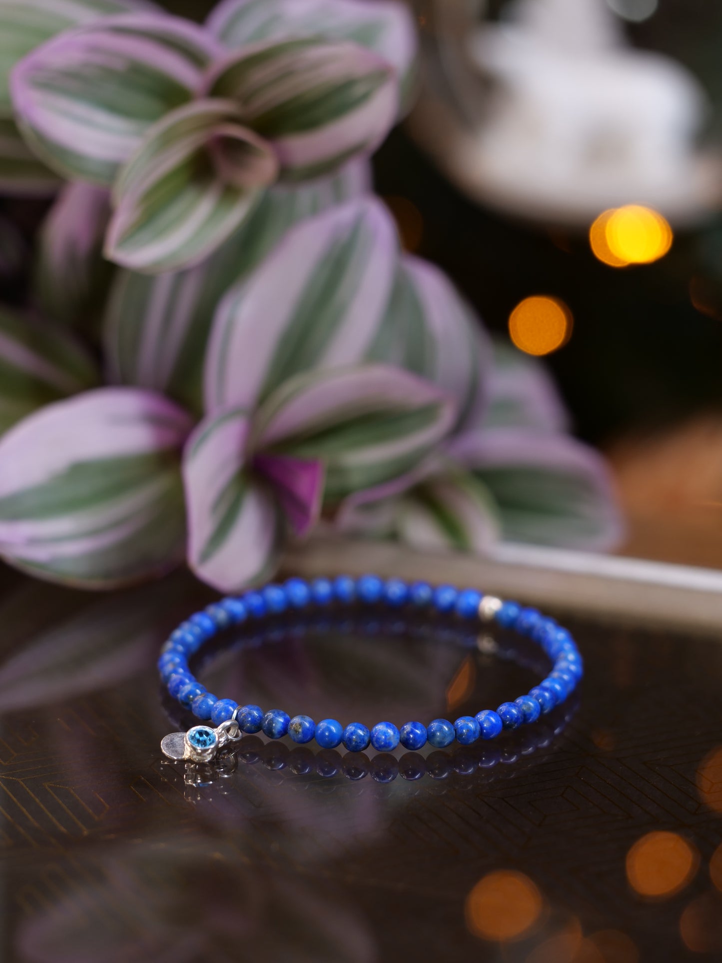 Lapis Lazuli 4mm Beaded Natural Gemstone Sterling Silver Elastic Bracelet, Genuine Top Grade Gift Jewelry, Women Fashion Jewellery