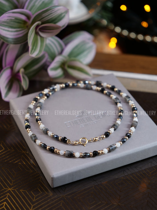 Black Spinel Moonstone Larvikite Hematite  3 - 4mm Beaded Natural Gemstone Gold Necklace, Genuine Top Grade Gift Jewelry, Women Fashion Crystal Energy Jewellery