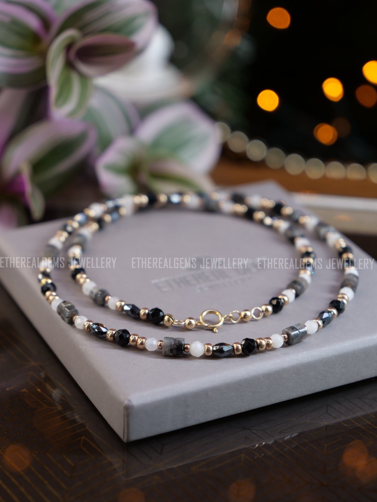 Black Spinel Moonstone Larvikite Hematite  3 - 4mm Beaded Natural Gemstone Gold Necklace, Genuine Top Grade Gift Jewelry, Women Fashion Crystal Energy Jewellery