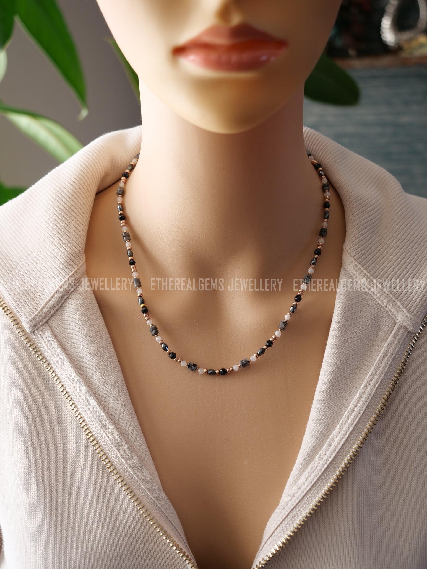 Black Spinel Moonstone Larvikite Hematite  3 - 4mm Beaded Natural Gemstone Gold Necklace, Genuine Top Grade Gift Jewelry, Women Fashion Crystal Energy Jewellery