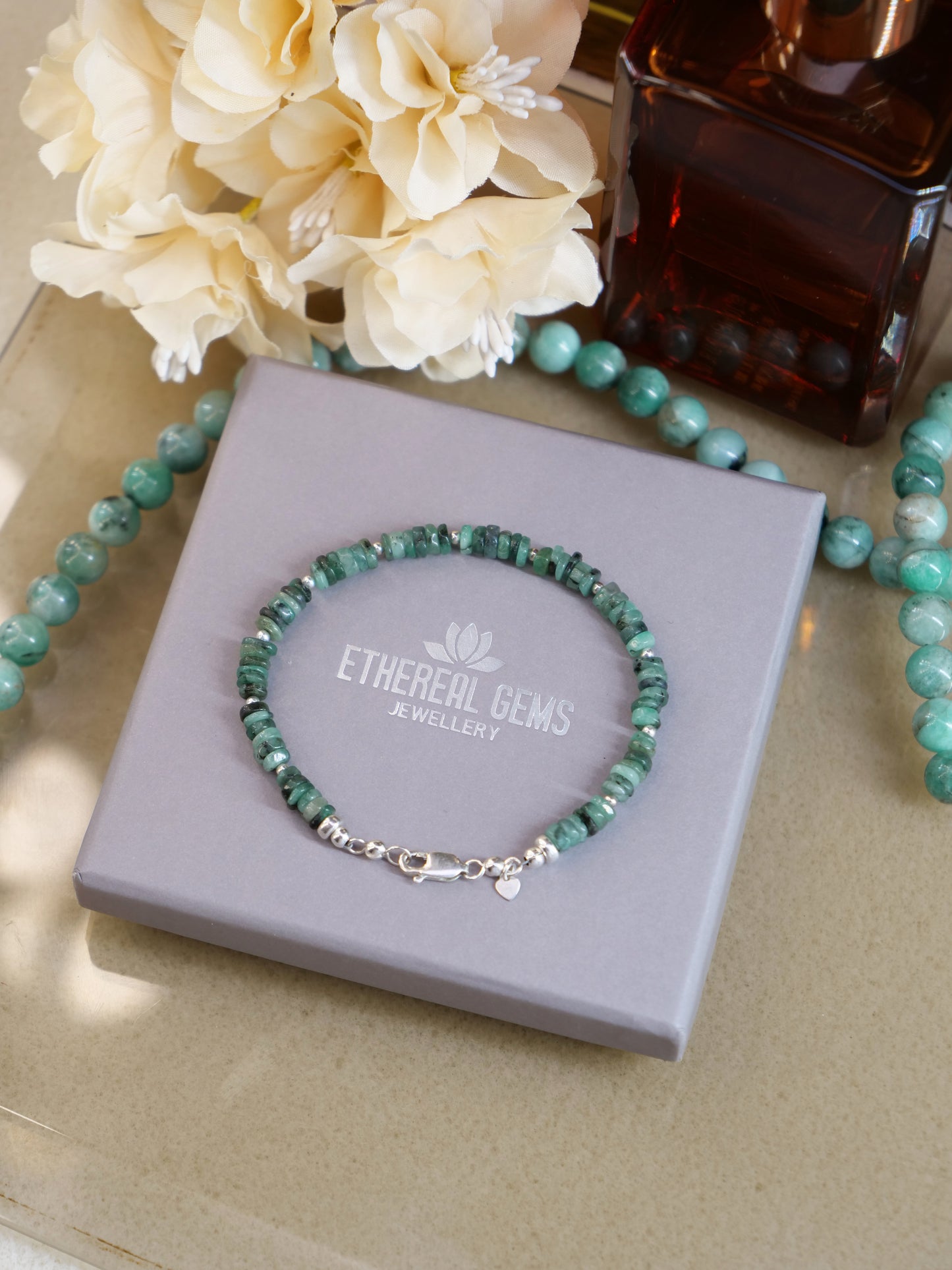 Emerald 4mm Beaded Natural Gemstone Sterling Silver Bracelet, Genuine Top Grade Gift Jewelry, Women Fashion Jewellery, May birthstone