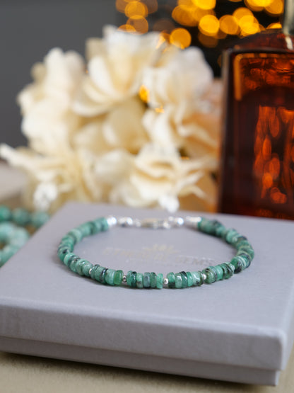 Emerald 4mm Beaded Natural Gemstone Sterling Silver Bracelet, Genuine Top Grade Gift Jewelry, Women Fashion Jewellery, May birthstone