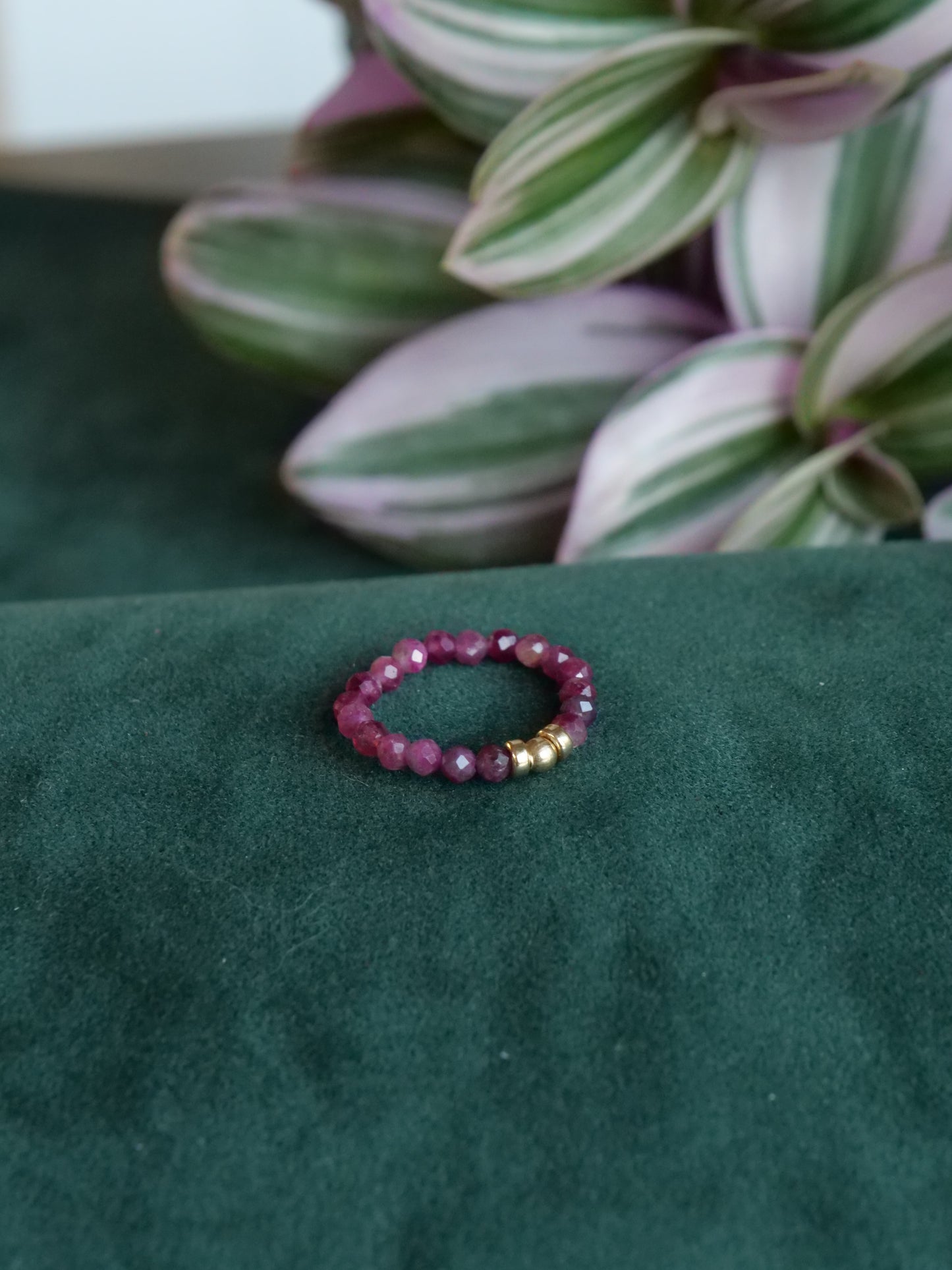 Rubellite Tourmaline 3mm Beaded Natural Gemstone Sterling Silver/14ct Gold Filled Elastic Ring, Genuine Top Grade Gift Jewelry, Women Jewellery