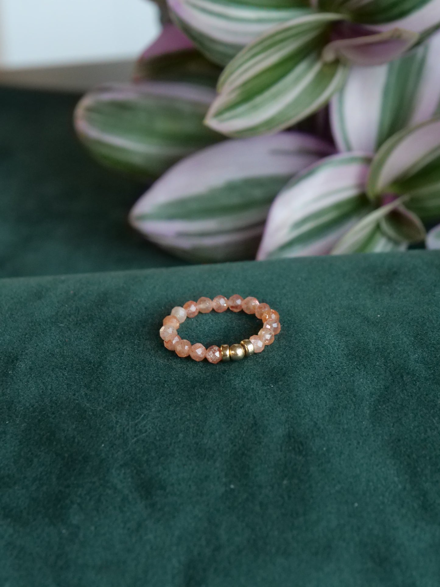 Sunstone 3mm Beaded Natural Gemstone Sterling Silver/14ct Gold Filled Elastic Ring, Genuine Top Grade Gift Jewelry, Women Jewellery