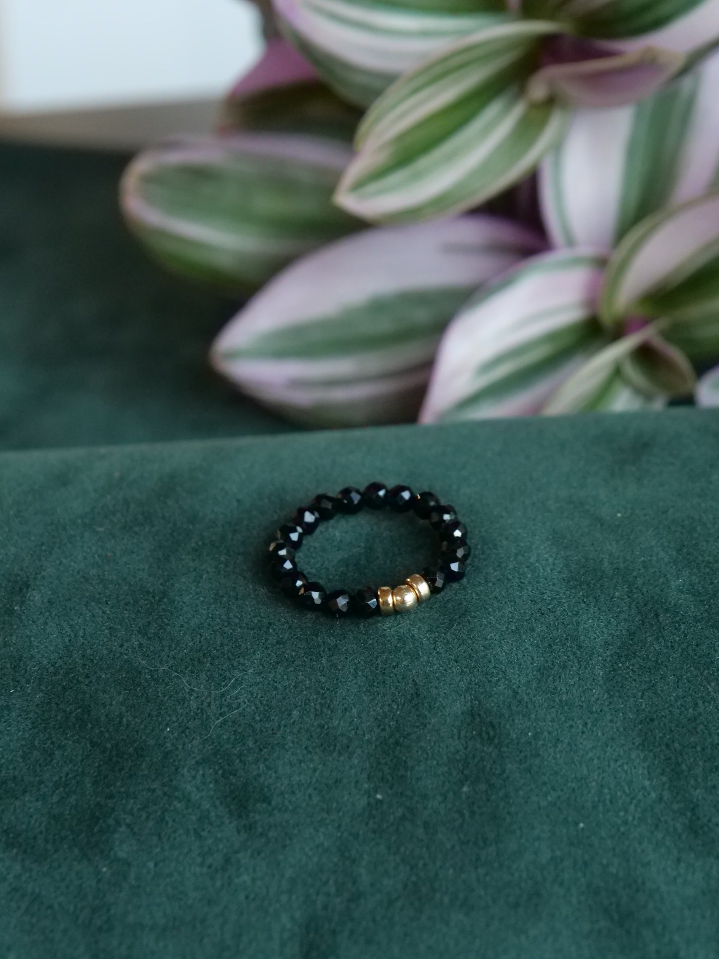 Black Tourmaline 3mm Beaded Natural Gemstone Sterling Silver/14ct Gold Filled Elastic Ring, Genuine Top Grade Gift Jewelry, Women Jewellery