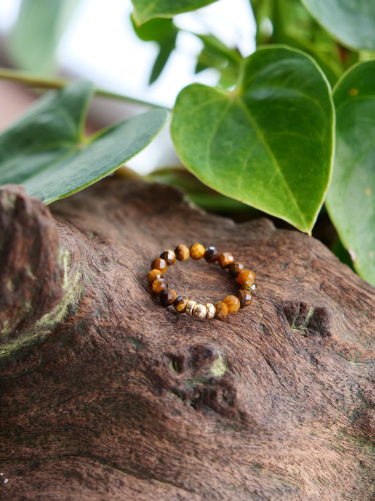 Tiger Eye 3mm Beaded Natural Gemstone Sterling Silver / 14ct Gold Filled Elastic Ring, Genuine Top Grade Gift Jewelry, Women Jewellery (Copy)