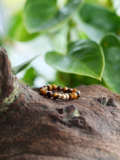 Tiger Eye 3mm Beaded Natural Gemstone Sterling Silver / 14ct Gold Filled Elastic Ring, Genuine Top Grade Gift Jewelry, Women Jewellery (Copy)