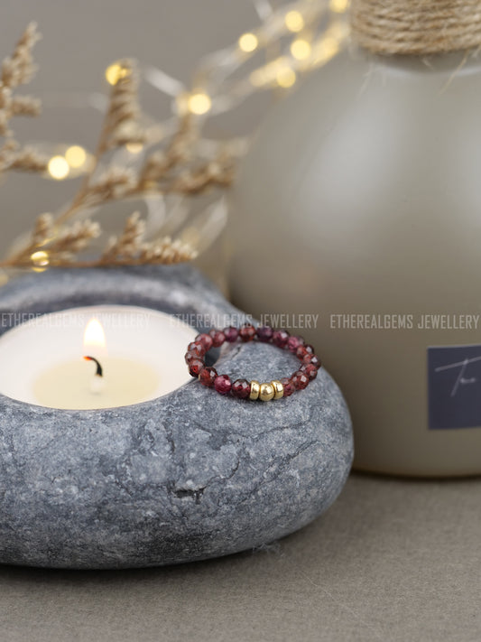 Pyrope Garnet 3mm Beaded Natural Gemstone Sterling Silver/14ct Gold Filled Elastic Ring, Genuine Top Grade Gift Jewelry, Women Jewellery
