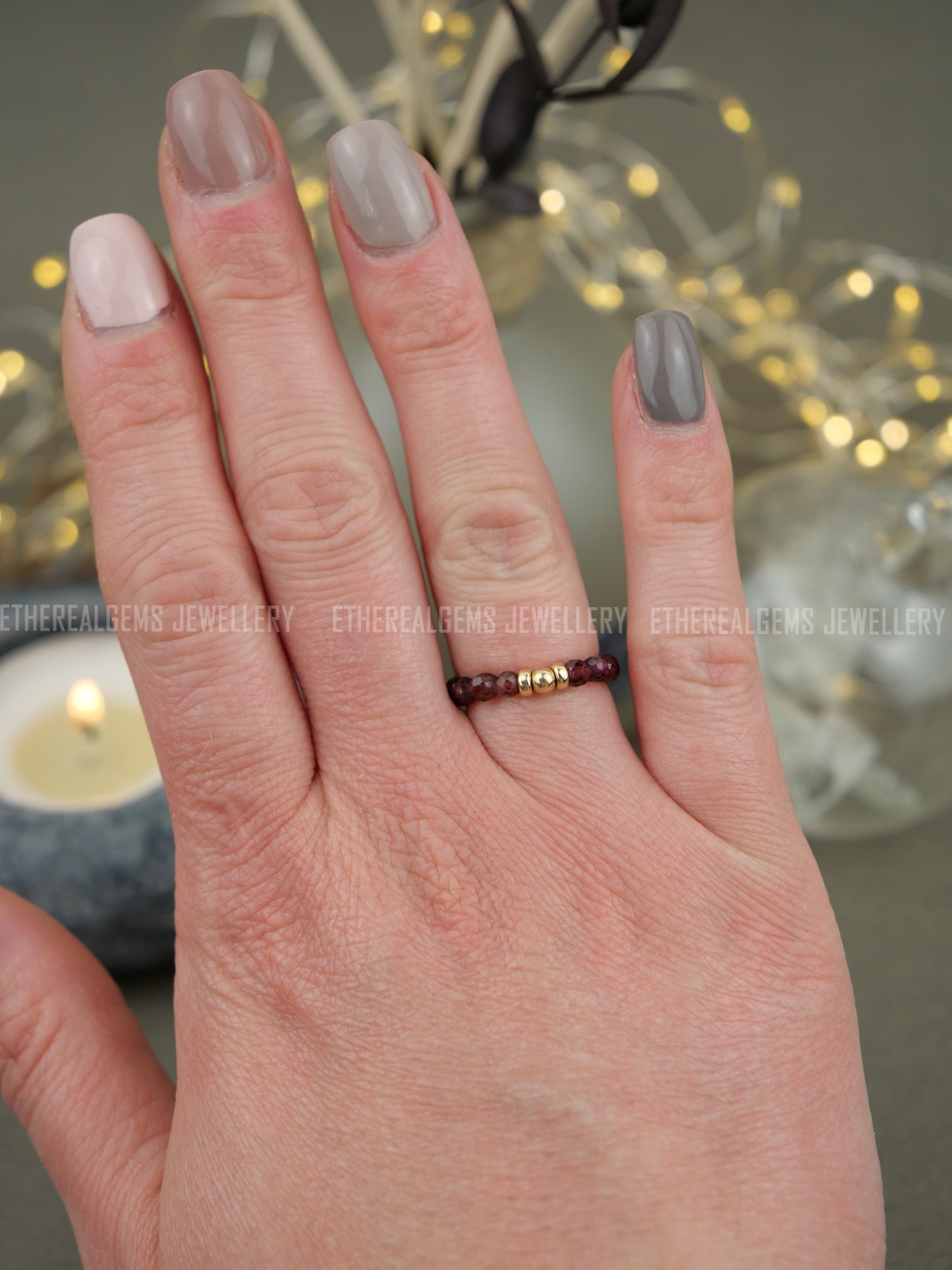 Pyrope Garnet 3mm Beaded Natural Gemstone Sterling Silver/14ct Gold Filled Elastic Ring, Genuine Top Grade Gift Jewelry, Women Jewellery
