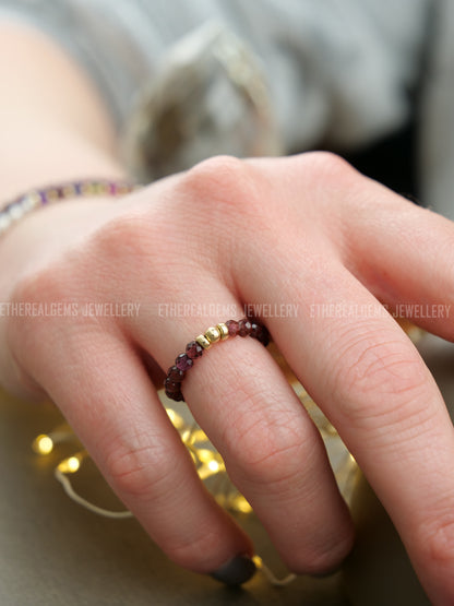 Pyrope Garnet 3mm Beaded Natural Gemstone Sterling Silver/14ct Gold Filled Elastic Ring, Genuine Top Grade Gift Jewelry, Women Jewellery