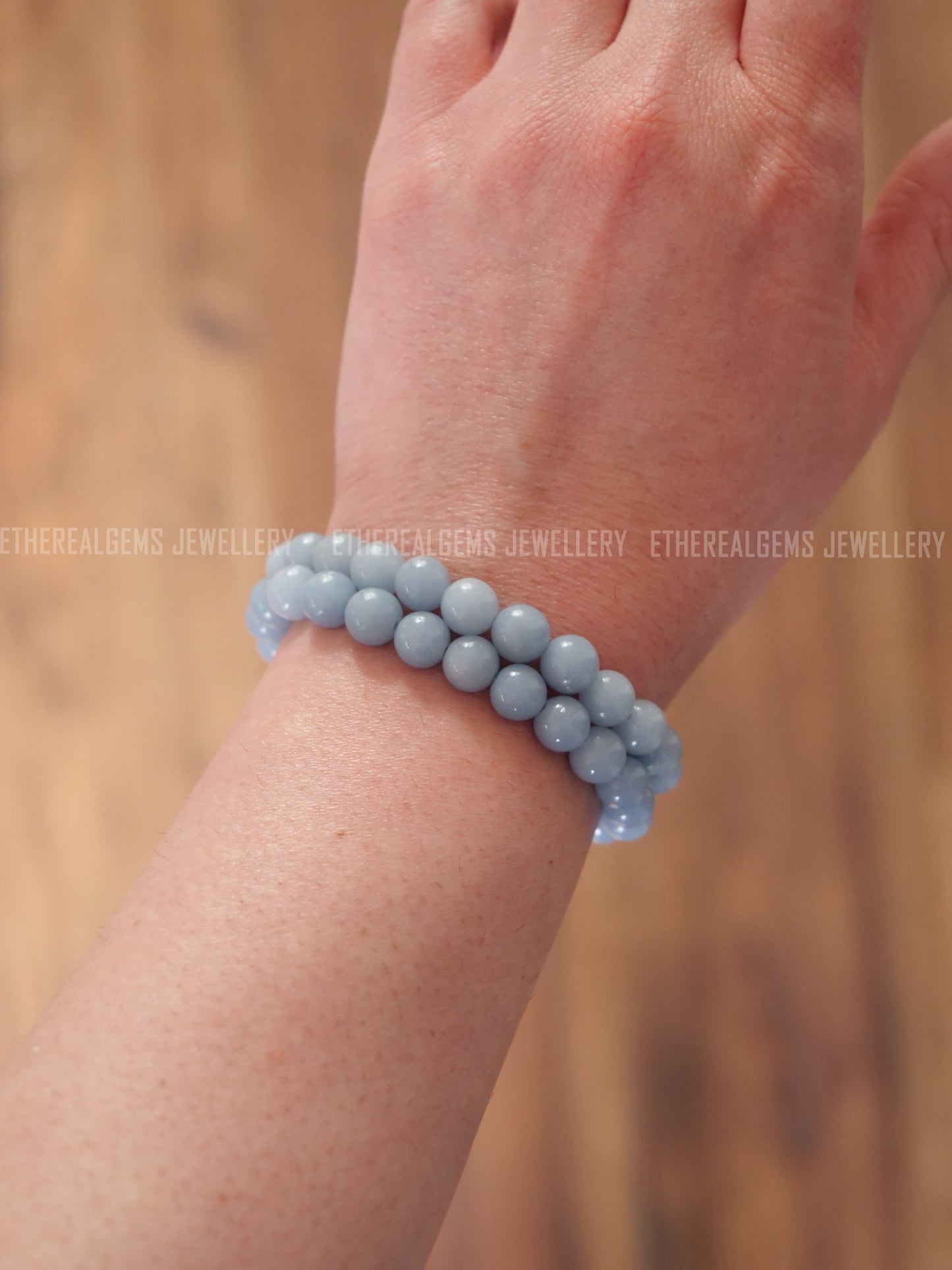 Blue Angelite 8mm Beaded Natural Gemstone Elastic Bracelet, Genuine Top Grade Gift Jewelry, Men Women Fashion Crystal Energy Jewellery