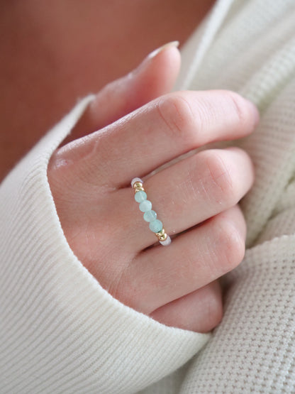 Amazonite Moonstone 3mm Beaded Natural Gemstone Sterling Silver/14ct Gold Filled Elastic Ring, Genuine Top Grade Gift Jewelry, Women Fashion Jewellery