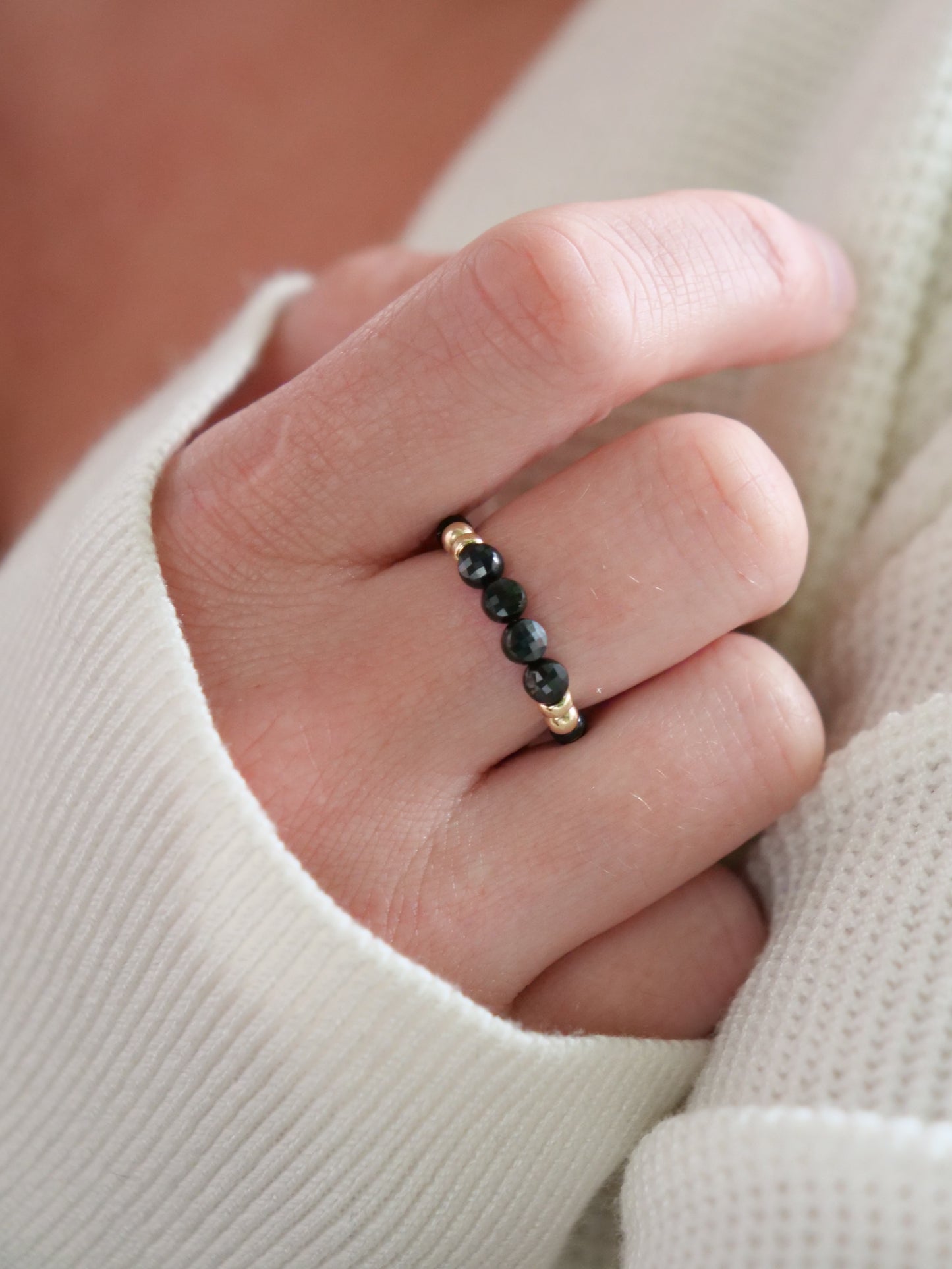 Black Spinel 3mm Beaded Natural Gemstone Sterling Silver/14ct Gold Filled Elastic Ring, Genuine Top Grade Gift Jewelry, Women Fashion Jewellery