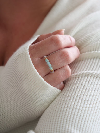 Amazonite Moonstone 3mm Beaded Natural Gemstone Sterling Silver/14ct Gold Filled Elastic Ring, Genuine Top Grade Gift Jewelry, Women Fashion Jewellery