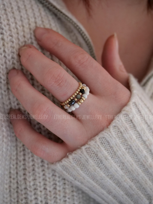 Black Tourmaline Moonstone 3mm Beaded Natural Gemstone Sterling Silver/14ct Gold Filled Elastic Ring, Genuine Top Grade Gift Women Jewellery