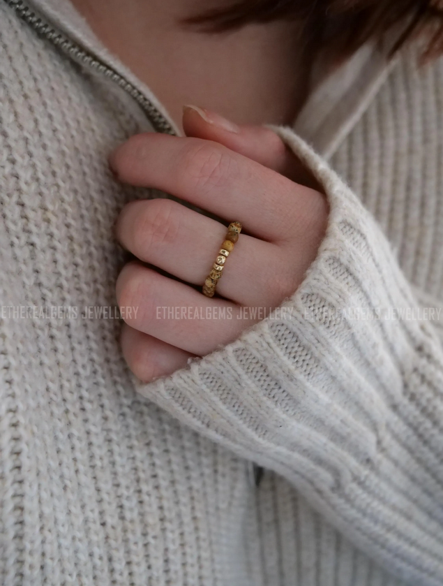 Picture Jasper 3mm Beaded Natural Gemstone Sterling Silver/14ct Gold Filled Elastic Ring, Genuine Top Grade Gift Women Jewellery