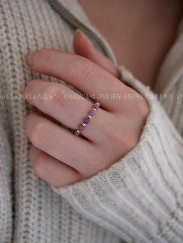 Lepidolite 3mm Beaded Natural Gemstone Sterling Silver/14ct Gold Filled Elastic Ring, Genuine Top Grade Gift Women Jewellery