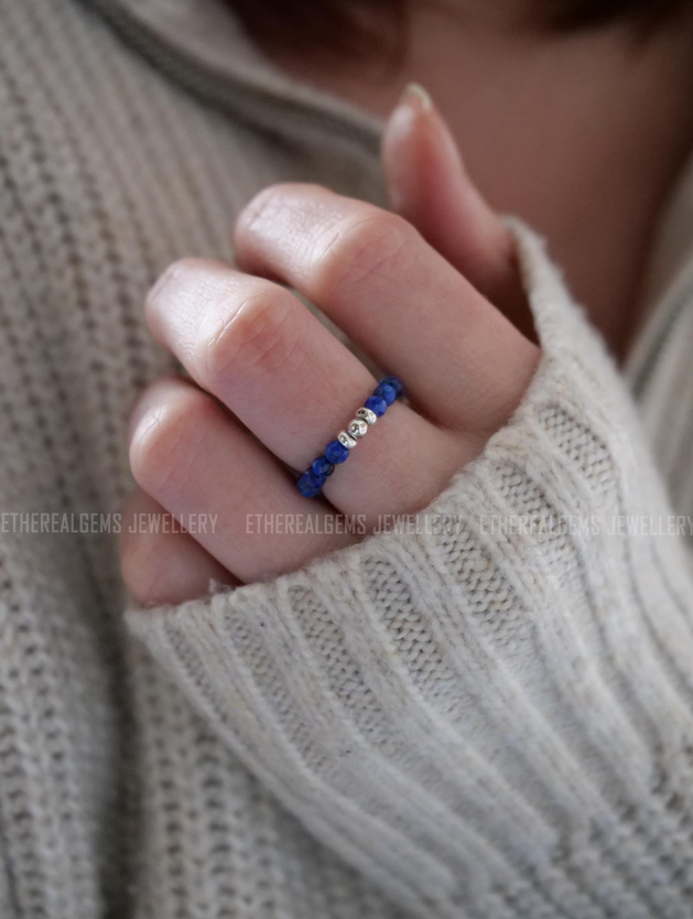 Lapis Lazuli 3mm Beaded Natural Gemstone Sterling Silver/14ct Gold Filled Elastic Ring, Genuine Top Grade Gift Women Jewellery