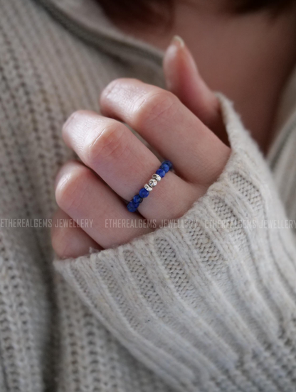 Lapis Lazuli 3mm Beaded Natural Gemstone Sterling Silver/14ct Gold Filled Elastic Ring, Genuine Top Grade Gift Women Jewellery