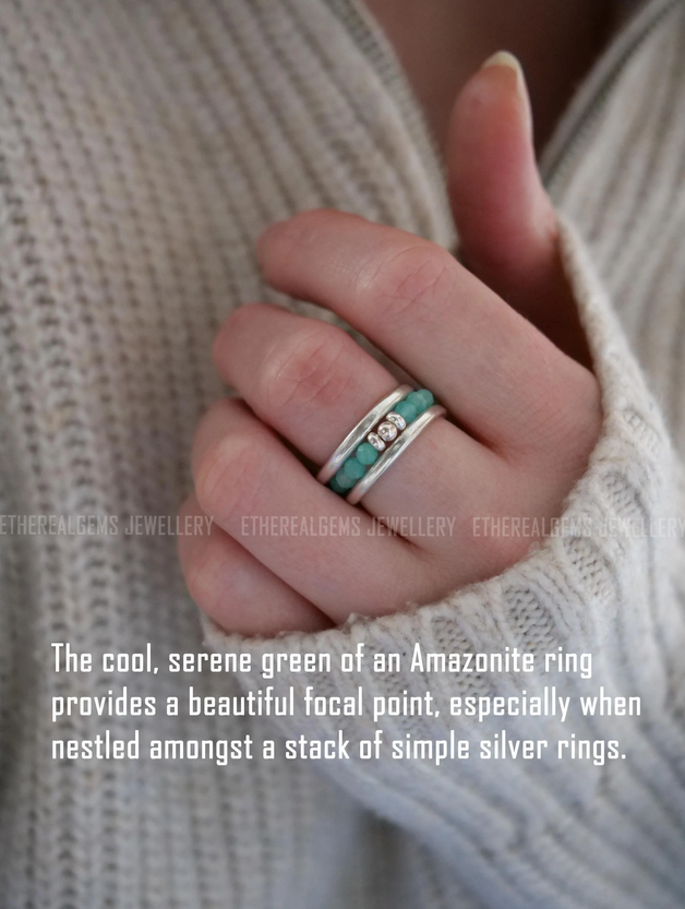 Mozambique Amazonite 3mm Beaded Natural Gemstone Sterling Silver/14ct Gold Filled Elastic Ring, Genuine Top Grade Gift Women Jewellery