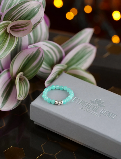 Mozambique Amazonite 3mm Beaded Natural Gemstone Sterling Silver/14ct Gold Filled Elastic Ring, Genuine Top Grade Gift Women Jewellery