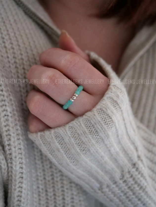 Mozambique Amazonite 3mm Beaded Natural Gemstone Sterling Silver/14ct Gold Filled Elastic Ring, Genuine Top Grade Gift Women Jewellery