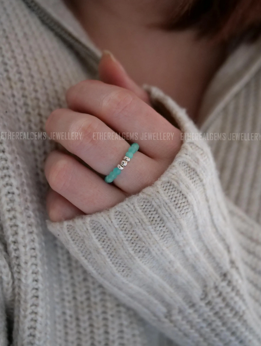 Mozambique Amazonite 3mm Beaded Natural Gemstone Sterling Silver/14ct Gold Filled Elastic Ring, Genuine Top Grade Gift Women Jewellery