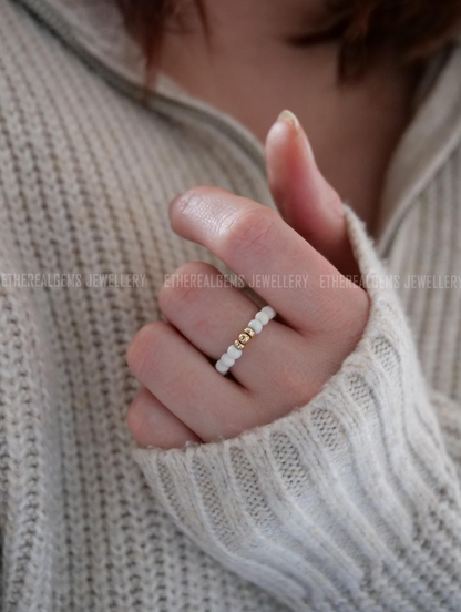 Howlite 3mm Beaded Natural Gemstone Sterling Silver/14ct Gold Filled Elastic Ring, Genuine Top Grade Gift Jewelry, Women Fashion Jewellery