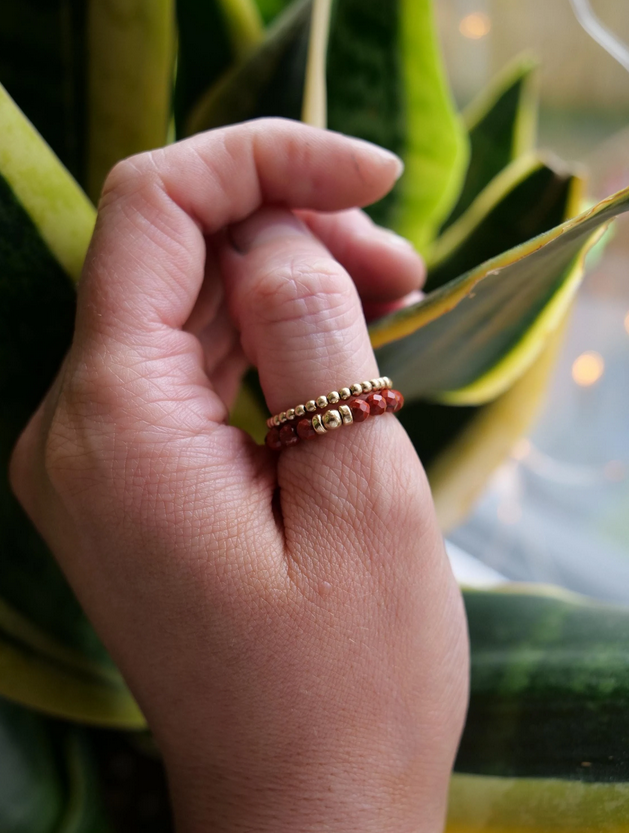 Red Jasper 3mm Beaded Natural Gemstone Sterling Silver/14ct Gold Filled Elastic Ring, Genuine Top Grade Gift Jewelry, Women Jewellery