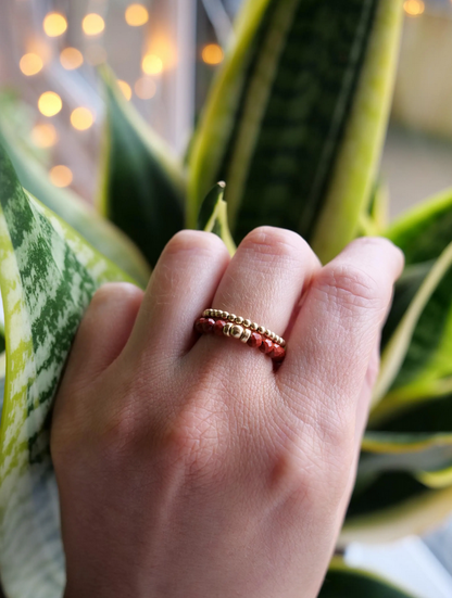 Red Jasper 3mm Beaded Natural Gemstone Sterling Silver/14ct Gold Filled Elastic Ring, Genuine Top Grade Gift Jewelry, Women Jewellery