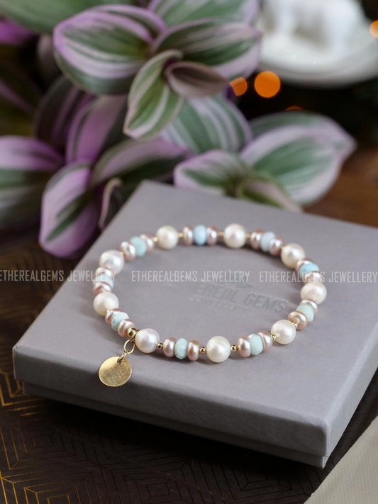 Freshwater Pearl & Larimar Beaded Natural Gemstone 14ct Gold Filled Elastic Bracelet, Genuine Top Grade Gift Jewelry