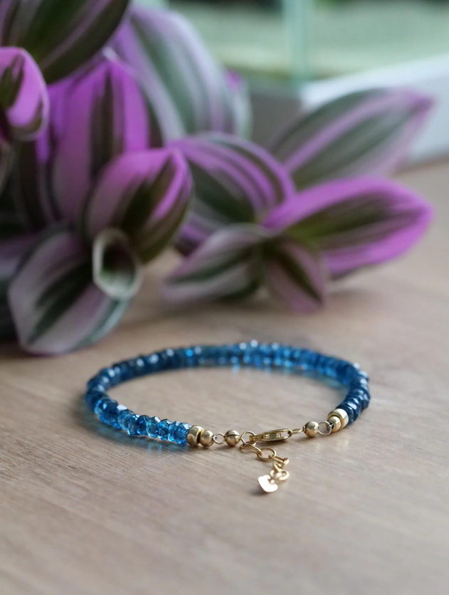 London Topaz Blue 4 mm Beaded Natural Gemstone Sterling Silver / 14ct Gold Filled Elastic Bracelet, Top Grade Gift Jewelry,Fashion Jewellery