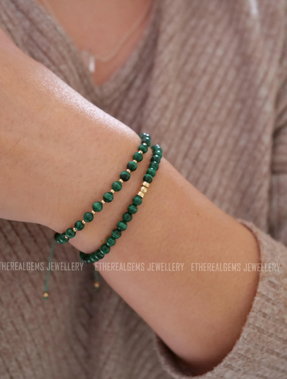 Malachite 4mm Beaded Natural Gemstone Sterling Silver / 14ct Gold Filled Elastic Bracelet, Genuine Top Grade Gift Jewelry, Fashion Jewellery