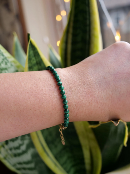 Malachite 4mm Beaded Natural Gemstone Sterling Silver / 14ct Gold Filled Elastic Bracelet, Genuine Top Grade Gift Jewelry, Fashion Jewellery