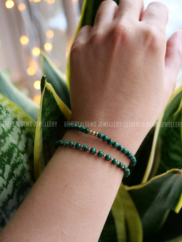 Malachite 4mm Beaded Natural Gemstone Sterling Silver / 14ct Gold Filled Elastic Bracelet, Genuine Top Grade Gift Jewelry, Fashion Jewellery