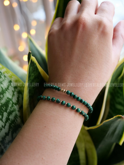 Malachite 4mm Beaded Natural Gemstone Sterling Silver / 14ct Gold Filled Elastic Bracelet, Genuine Top Grade Gift Jewelry, Fashion Jewellery